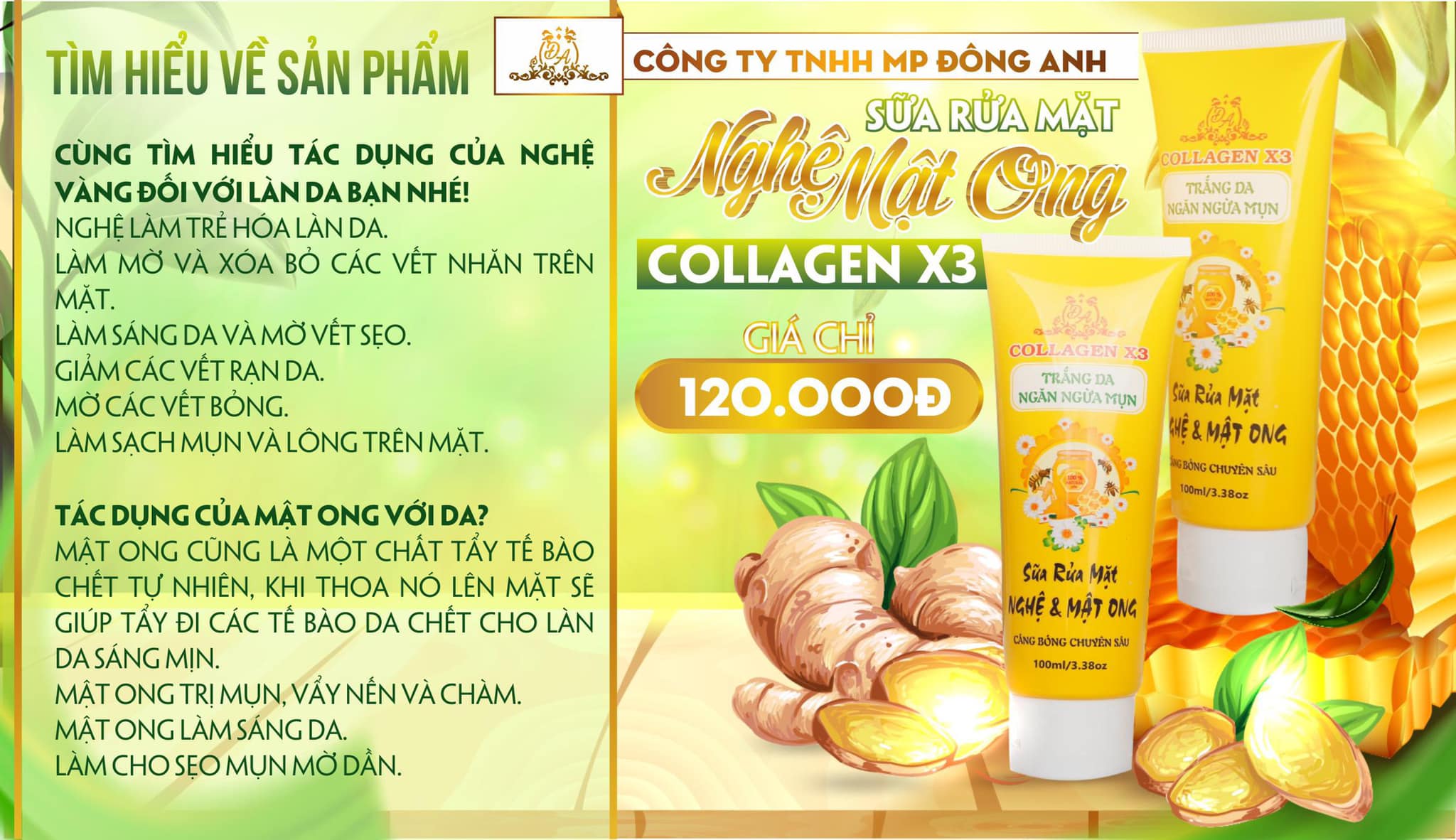 Sữa rửa mặt tinh chất nghệ mật ong Collagen X3 Mỹ Phẩm Đông Anh