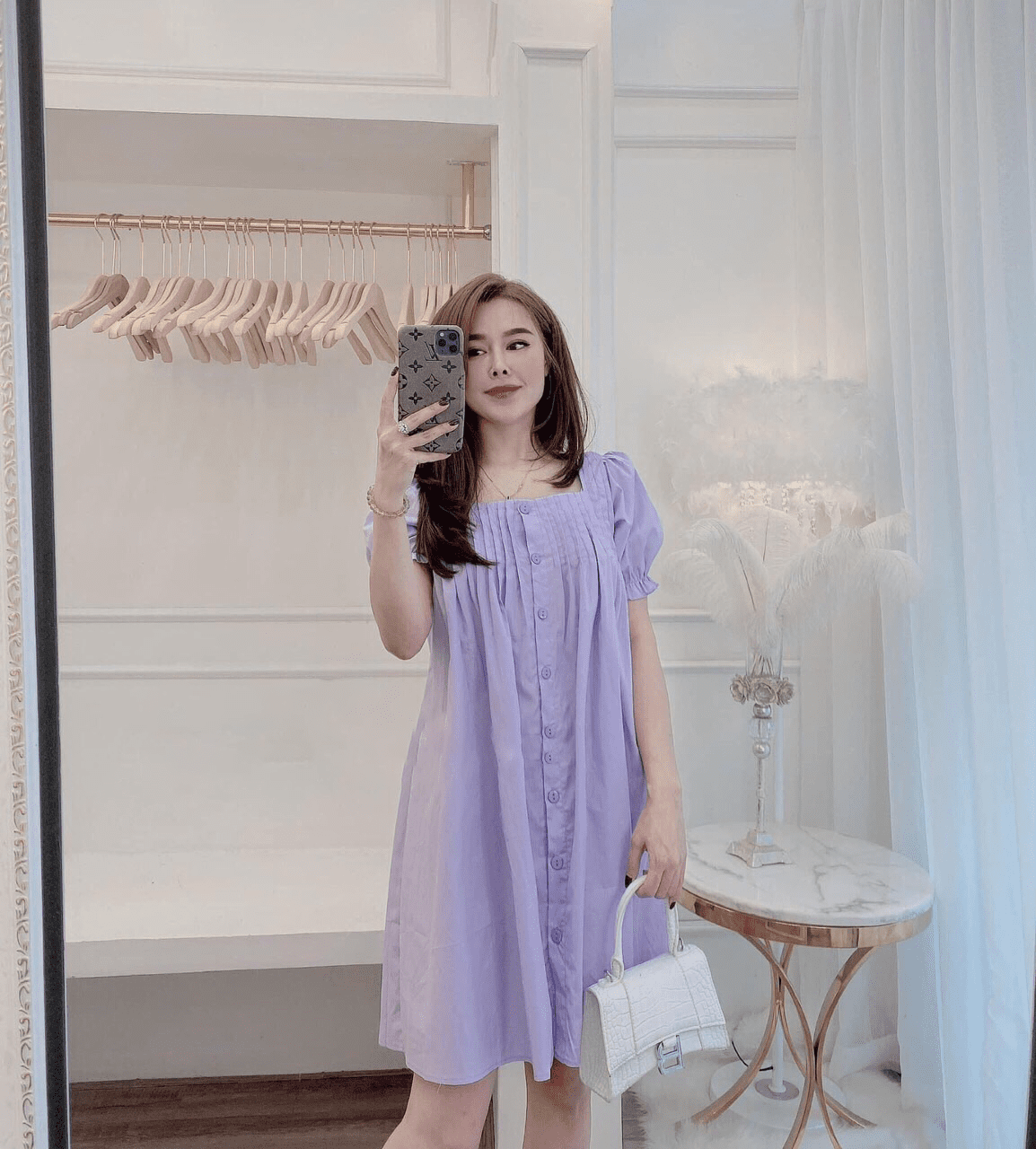 Giảm giá Váy Cổ V Buộc Nơ Ngực Nữ -Đầm dáng xòe bánh bèo tiểu thư tay bồng màu  tím - Mua Thông Minh