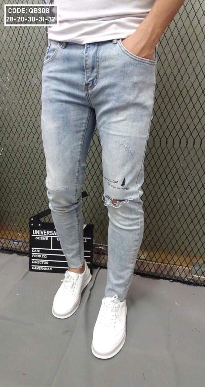 Quần jean dài nam màu xanh nhạt thêu chữ