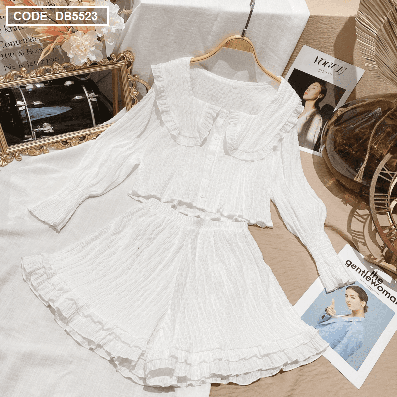 Set áo baby doll trắng  cổ bèo kết hợp short lai bèo