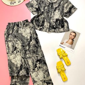 Đồ bộ nữ pijama vải mango áo cổ kiểu điển tay dơi quần dài - DB5802