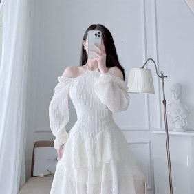 Đầm trắng ren bi cổ yếm tay rớt vai - VD5436