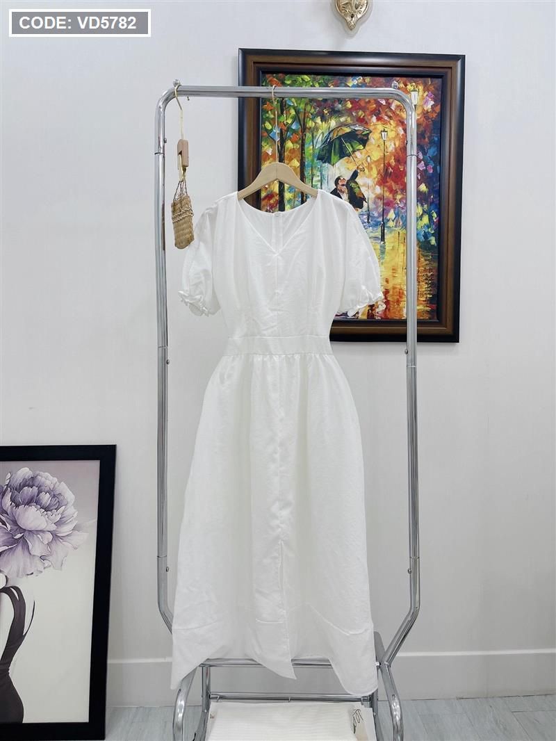 Đầm maxi trắng tay ngắn vải xước - VD5782
