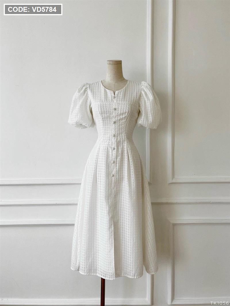 Đầm trắng đan nổi nút bọc tay bí - VD5784