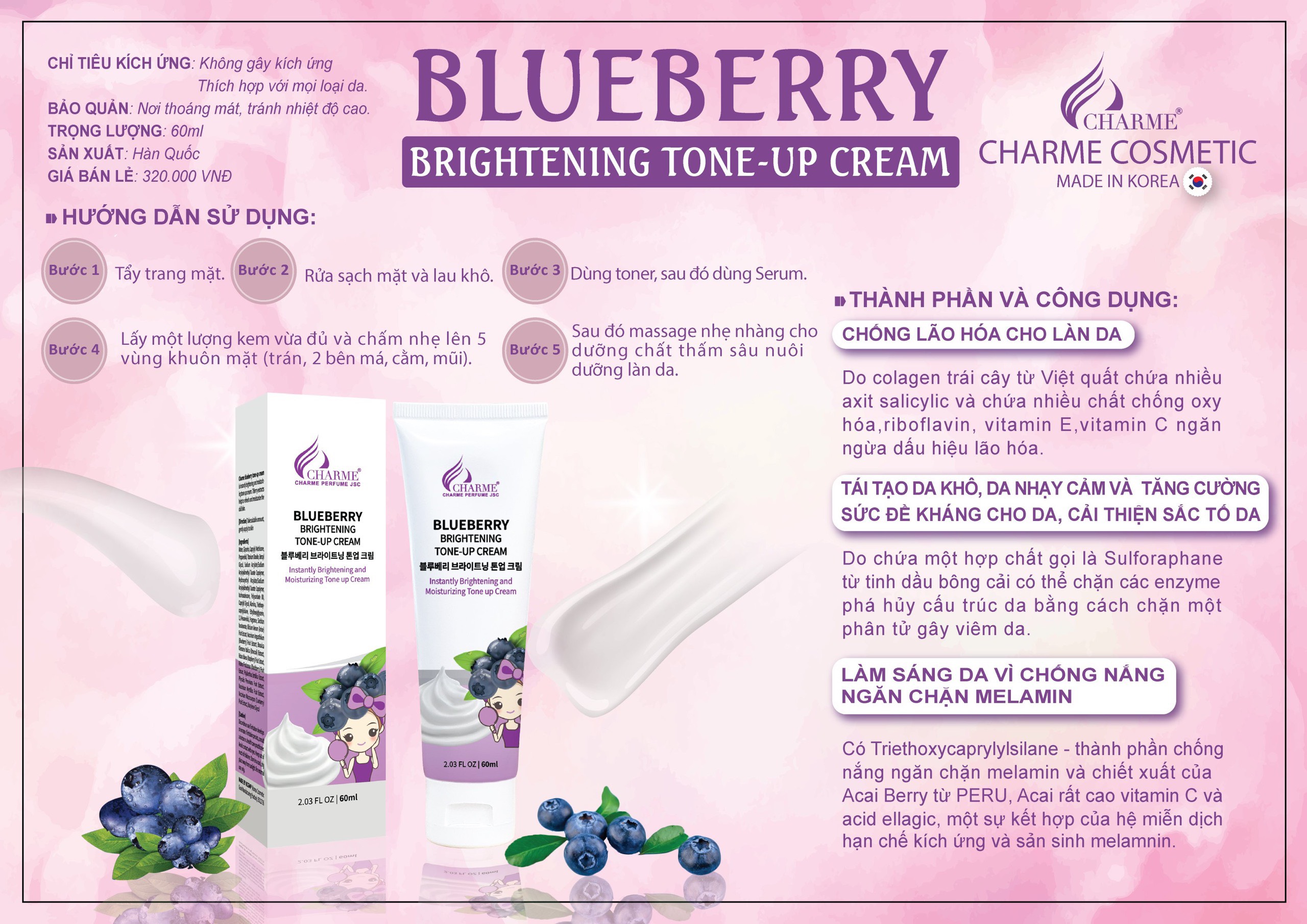Kem Dưỡng Da Mặt Blueberry Charme Brightening Tone Up Cream - 8809085102379