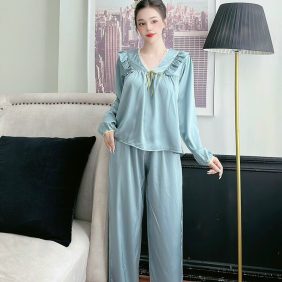 Đồ bộ quần dài pijama áo tay dài cổ v màu trơn - DBO3048