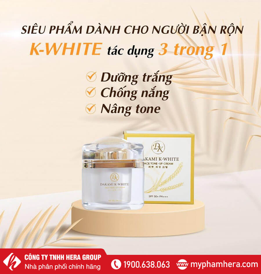Kem Dakami K-White SPF 50+ PA+++ giúp làm mờ các vết nám tàn nhang  đốm nâu và sắc tố đen trên da