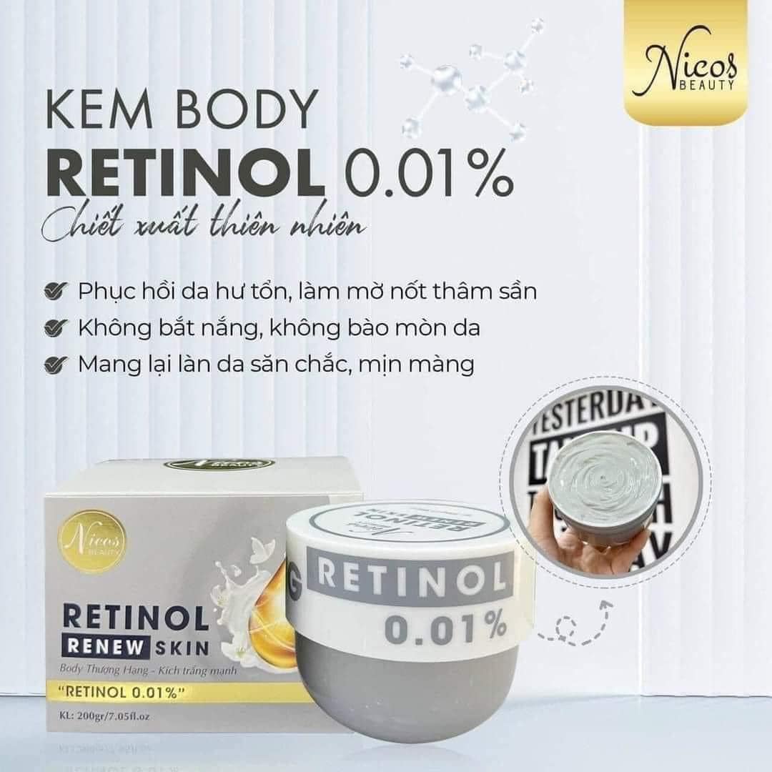 Kem Body Kích Trắng Mạnh Nicos Beauty Retinol Renew Skin 0.01% 200g  Dưỡng Trắng  Giảm Mụn Se Khít Lỗ Chân Lông
