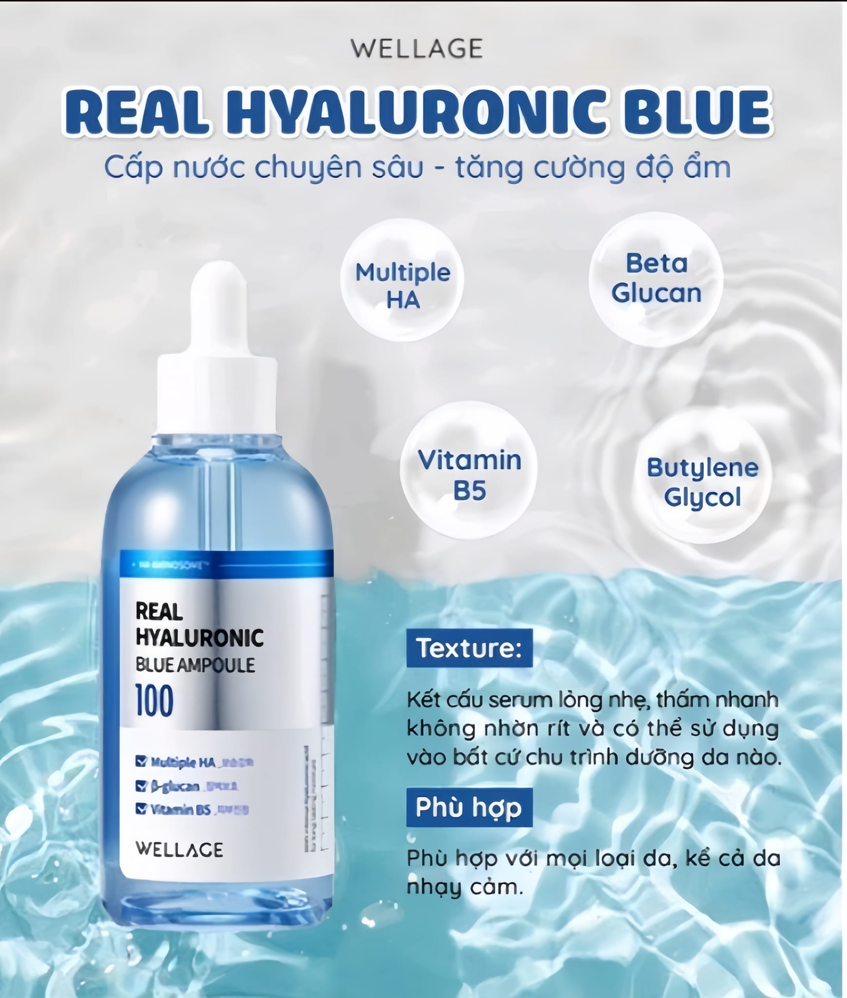 Serum Hàn Quốc Wellage Real Hyaluronic Blue Ampoule 75ml Cấp Ẩm Phục Hồi Da